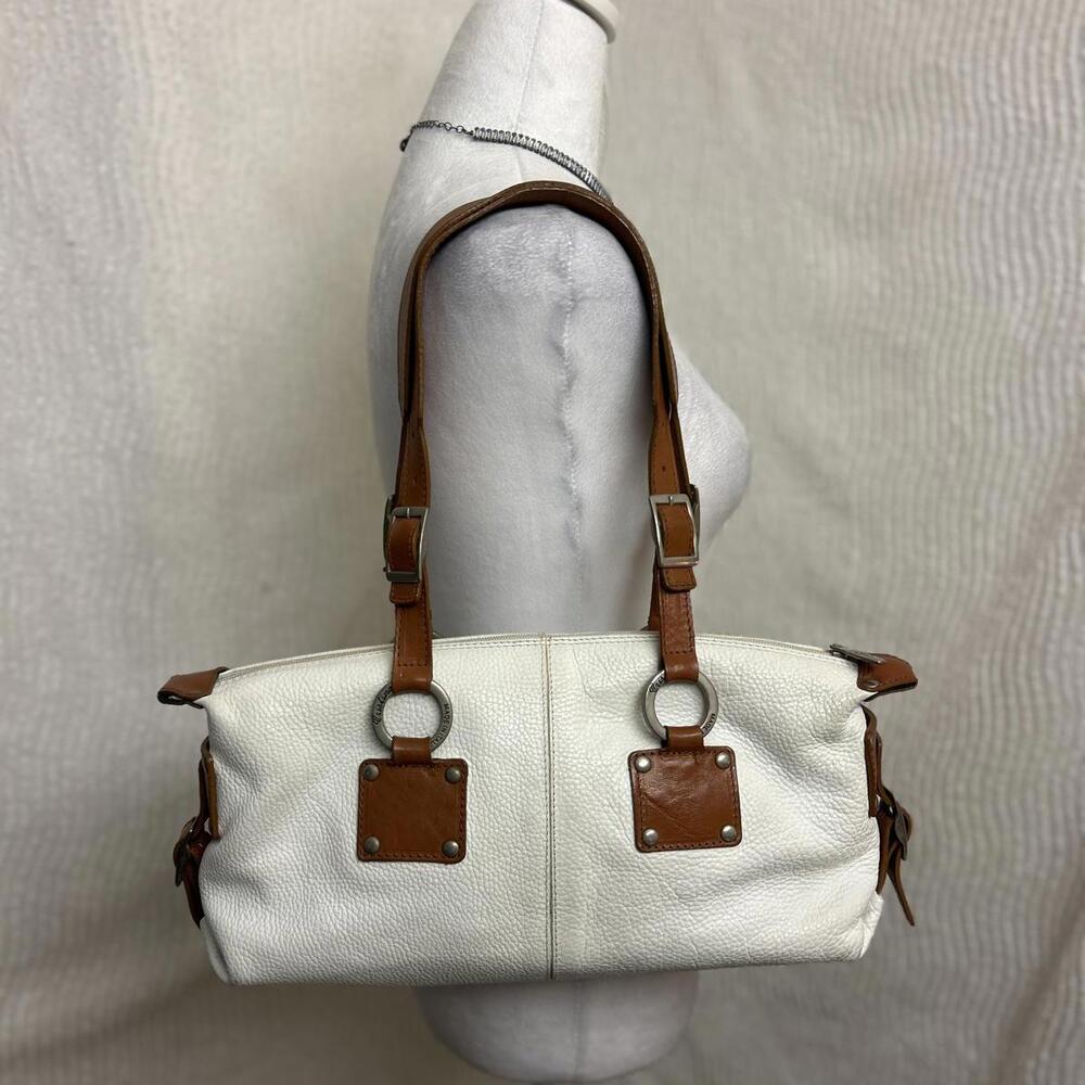 Cristina Italy White Leather Shoulder Bag Brown Straps Buckle Detail Vintage Y2K